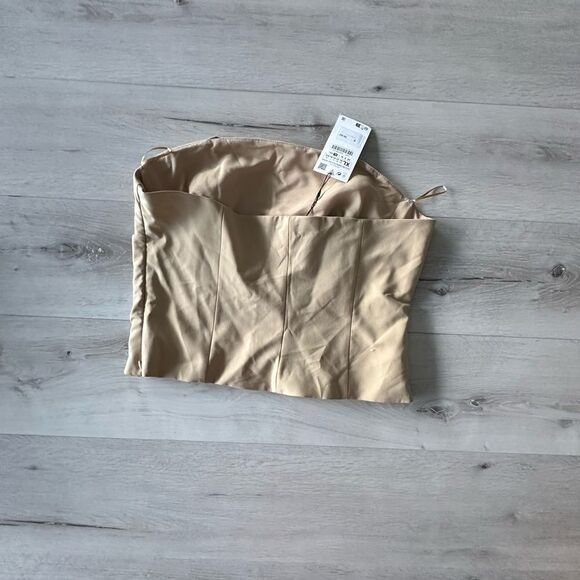Zara Straight Neck Side Pleated Sleeveless Top Tan XL NWT - Picture 8 of 9